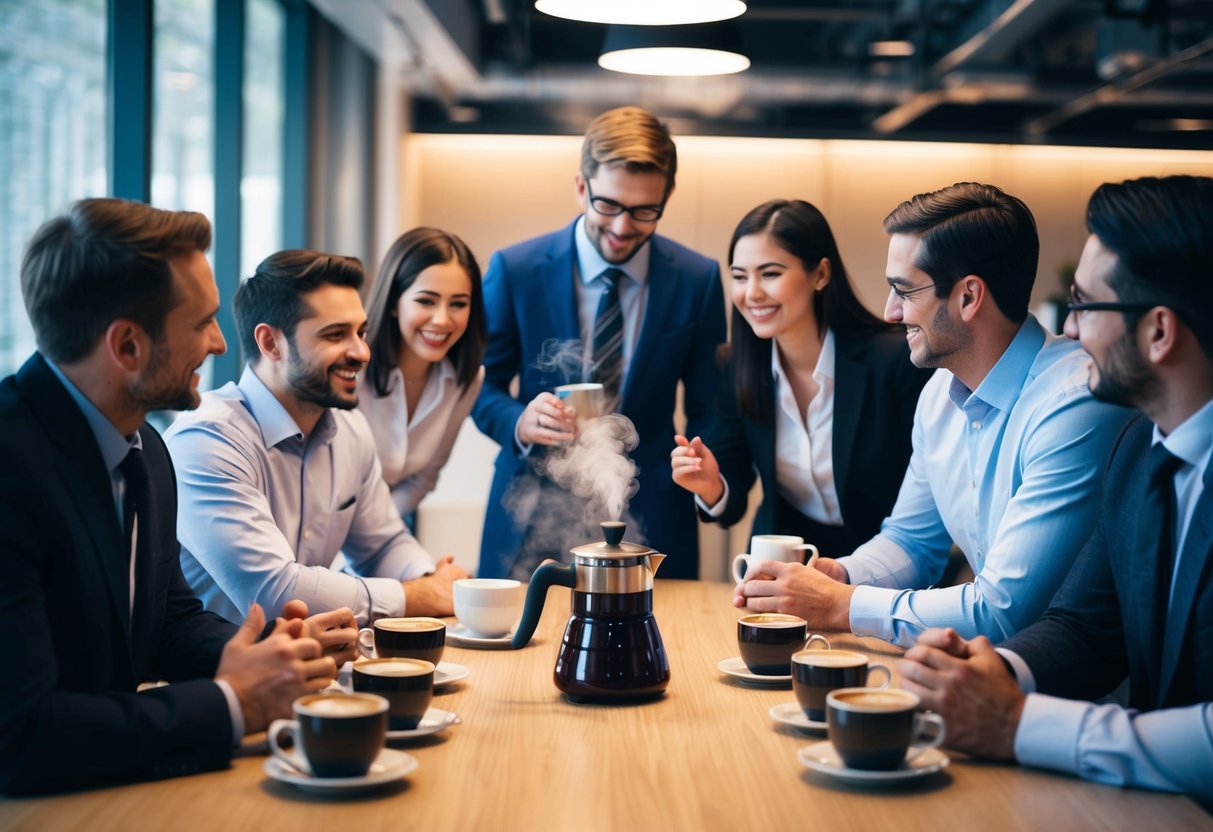 Employees gather around a steaming coffee pot chatting and laughing as they savor the aroma of freshly brewed coffee in the officeMedarbejdere samles omkring en dampende kaffekande snakkende og grinende mens de nyder duften af friskbrygget kaffe på kontoret